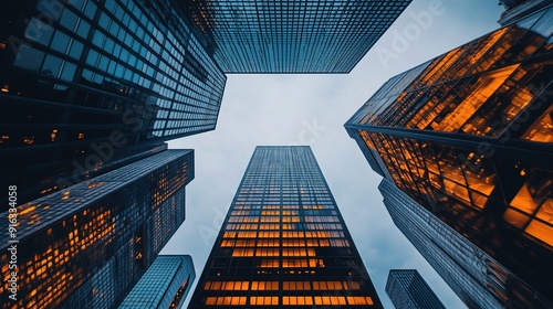 Wallpaper Mural Urban Giants: A low angle view of towering skyscrapers against a twilight sky, showcasing the awe-inspiring scale and grandeur of modern architecture.  Torontodigital.ca