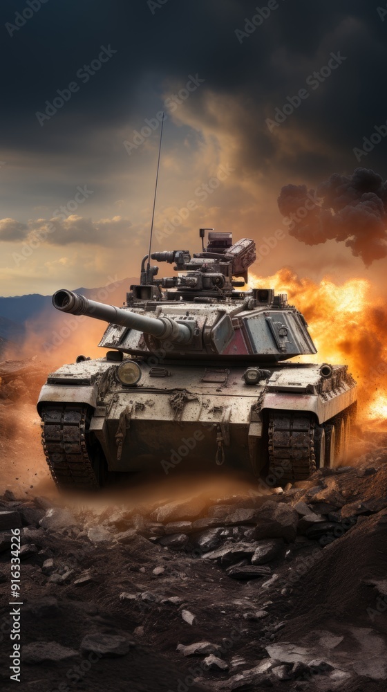 armored tank crosses a mine field during war invasion epic scene of fire and some in the desert, armored tank crosses a mine field during war invasion epic scene of fire and some in the desert,