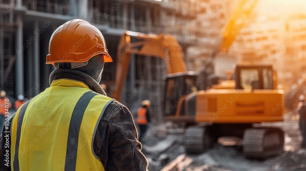 Construction Supervisor Overseeing Progress: A construction supervisor in a hard hat and safety vest monitors progress at a bustling construction site, with an excavator in the background. Construction Supervisor Overseeing Progress: A construction supervisor in a hard hat and safety vest monitors progress at a bustling construction site, with an excavator in the background.