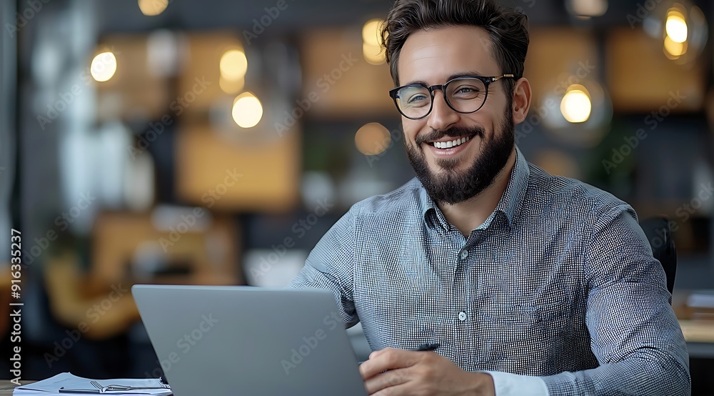 Smiling businessman working with documents and laptop in modern office Smiling businessman working with documents and laptop in modern office