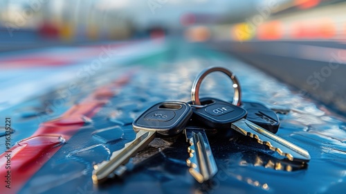 Car keys on a reflective surface.