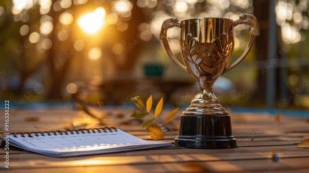 Golden Trophy and Calendar on Wooden Table. Golden Trophy and Calendar on Wooden Table.