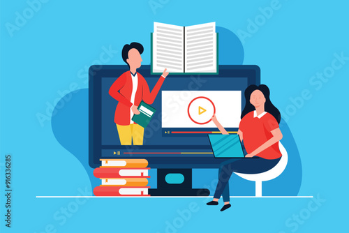 Online topic course, distance web learning, group video call, webcam laptop screen, educational webinar concept.