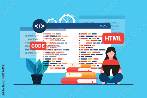 Woman working as programmer, Writing code using laptop, Website developer, Coding software elements  on blue background