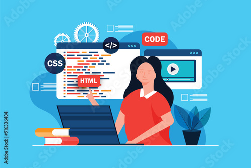 Woman working as programmer, Writing code using laptop, Website developer, Coding software elements  on blue background