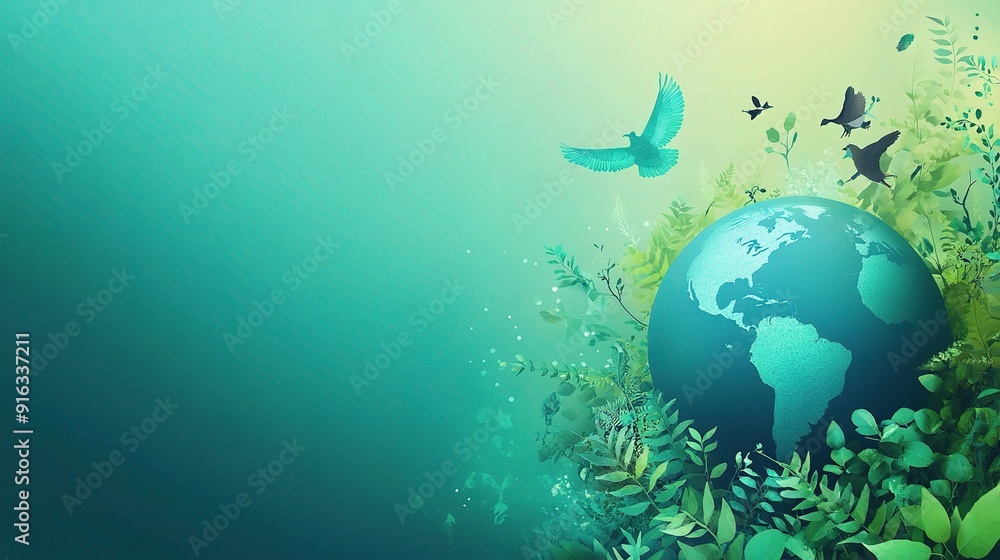 Obraz premium A World of Hope: A vibrant, abstract illustration of the Earth surrounded by lush green foliage and soaring birds, symbolizing environmentalism, sustainability, and a hopeful future. 
