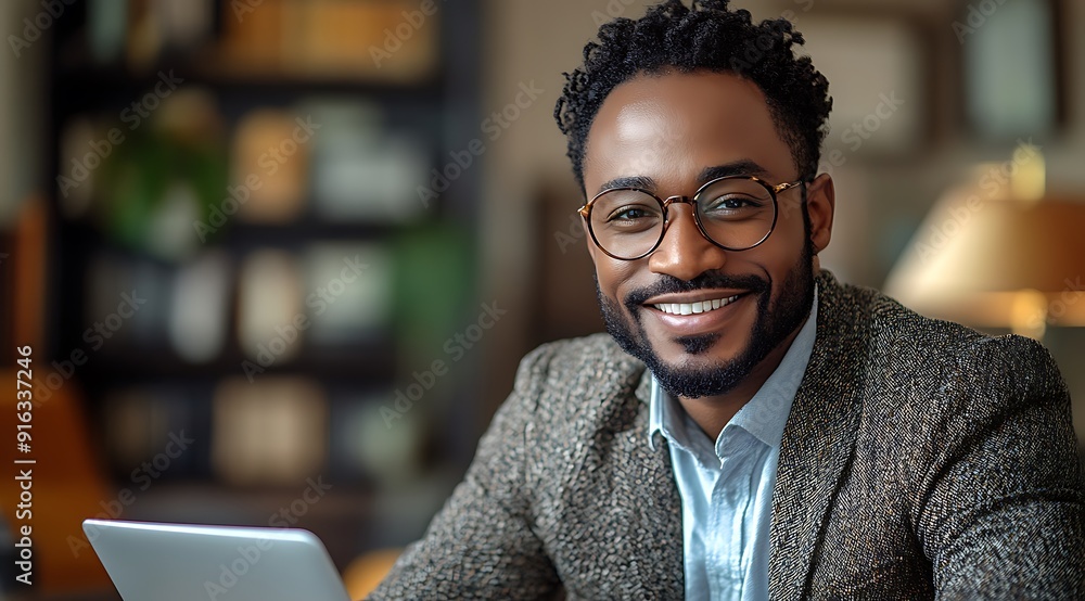 © Five Million Stock - Smiling businessman working with documents and laptop in modern office