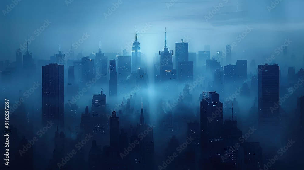 Fototapeta premium Foggy Cityscape at Night.