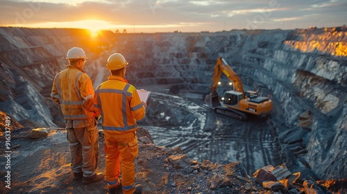 Two workers in uniforms and safety helmets stand in an open pit mine with an excavator on the horizon, holding documents as they look in golden hour lighting