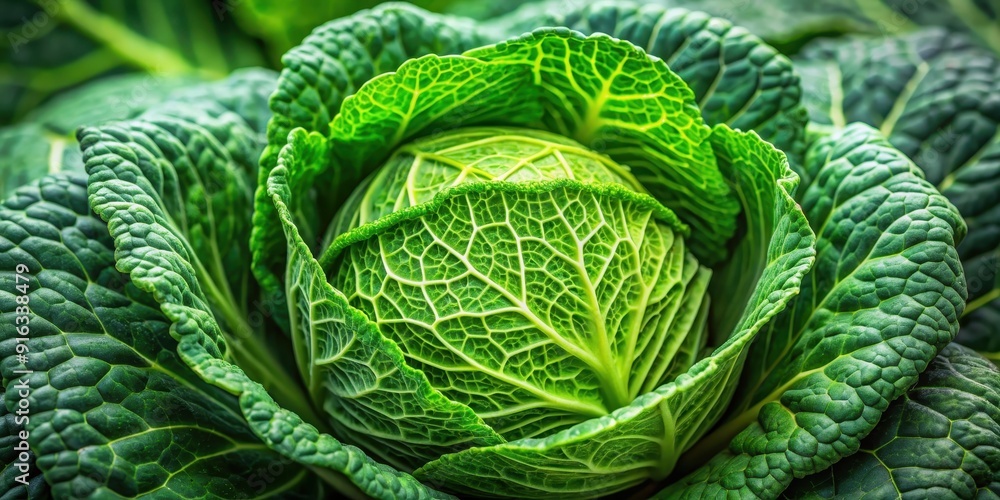 Fototapeta premium Close-up of fresh green cabbage head, cabbage, vegetable, organic, healthy, superfood, leafy, raw, ingredient, farm