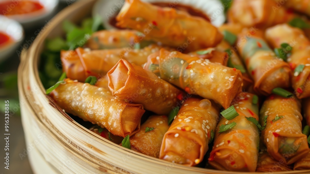 A platter of savory spring rolls filled with vegetables and served with a sweet chili dipping sauce, perfect for a light and tasty appetizer. A platter of savory spring rolls filled with vegetables and served with a sweet chili dipping sauce, perfect for a light and tasty appetizer.