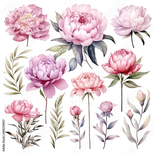 Watercolor painting of pink peonies and foliage isolated on white.