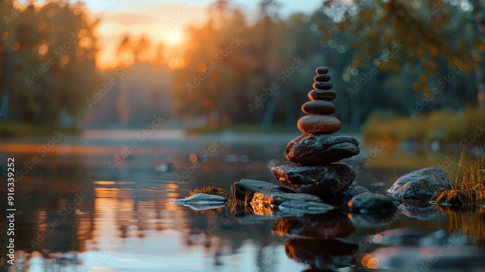 Obraz premium Stacked Stones at Sunset Reflection.