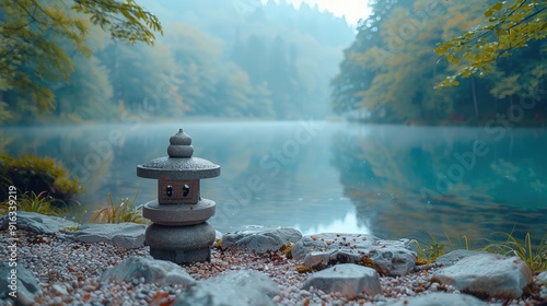 Stone Lantern by Tranquil Lake in Mist.