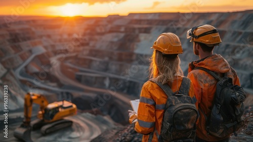 Two workers in uniforms and safety helmets stand in an open pit mine with an excavator on the horizon, holding documents as they look in golden hour lighting