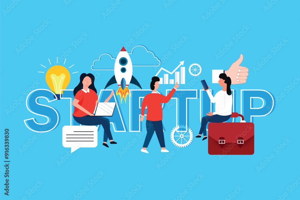 Men and women strategy activity among huge lettering start-up. Start-up concept illustration of business people working as a team to start a business Men and women strategy activity among huge lettering start-up. Start-up concept illustration of business people working as a team to start a business