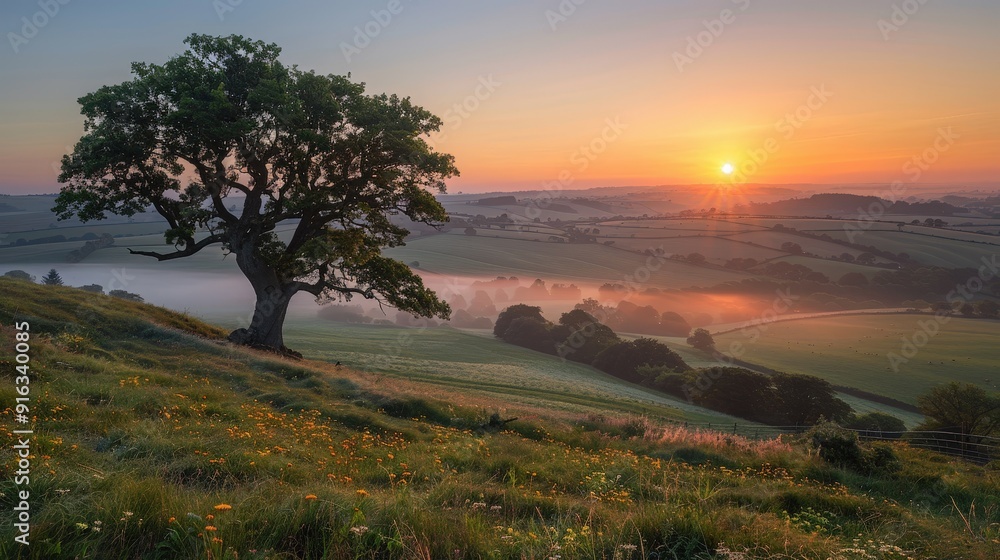 Sunrise over Rolling Hills with a Lone Tree. Sunrise over Rolling Hills with a Lone Tree.