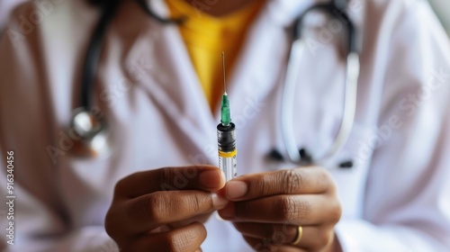 Wallpaper Mural A doctor is holding a vaccine syringe, showcasing the hypodermic needle syringe loaded with the drug or vaccine ready for injection. Torontodigital.ca