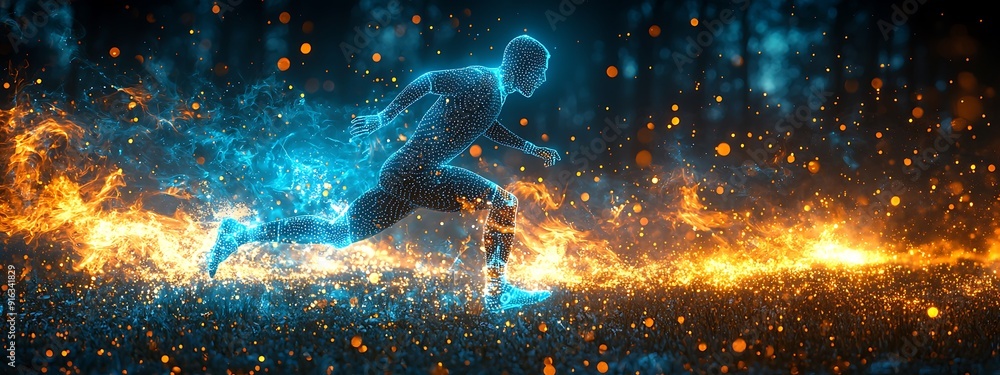 Blue digital soccer player with glowing data, artificial intelligence into athlete performance analysis and training, enhancing player skills, strategy, and overall team performance design Blue digital soccer player with glowing data, artificial intelligence into athlete performance analysis and training, enhancing player skills, strategy, and overall team performance design