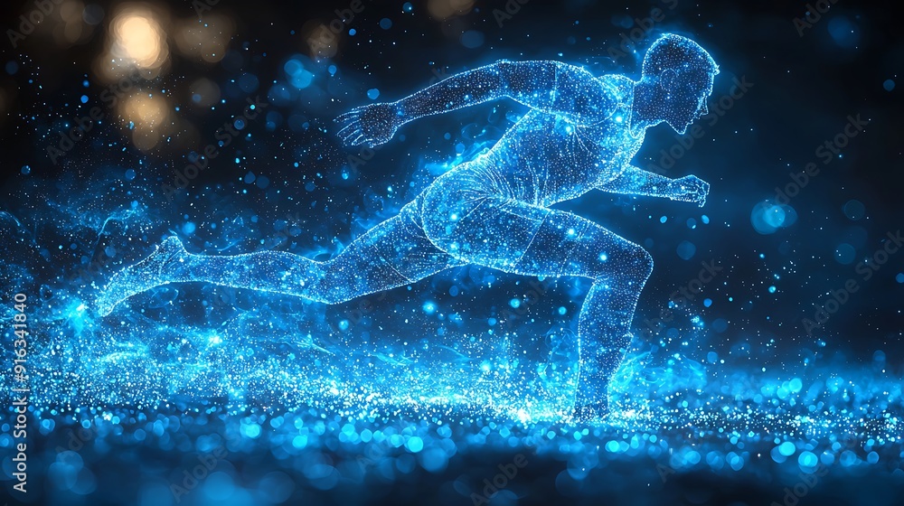 Blue digital soccer player with glowing data, artificial intelligence into athlete performance analysis and training, enhancing player skills, strategy, and overall team performance design Blue digital soccer player with glowing data, artificial intelligence into athlete performance analysis and training, enhancing player skills, strategy, and overall team performance design
