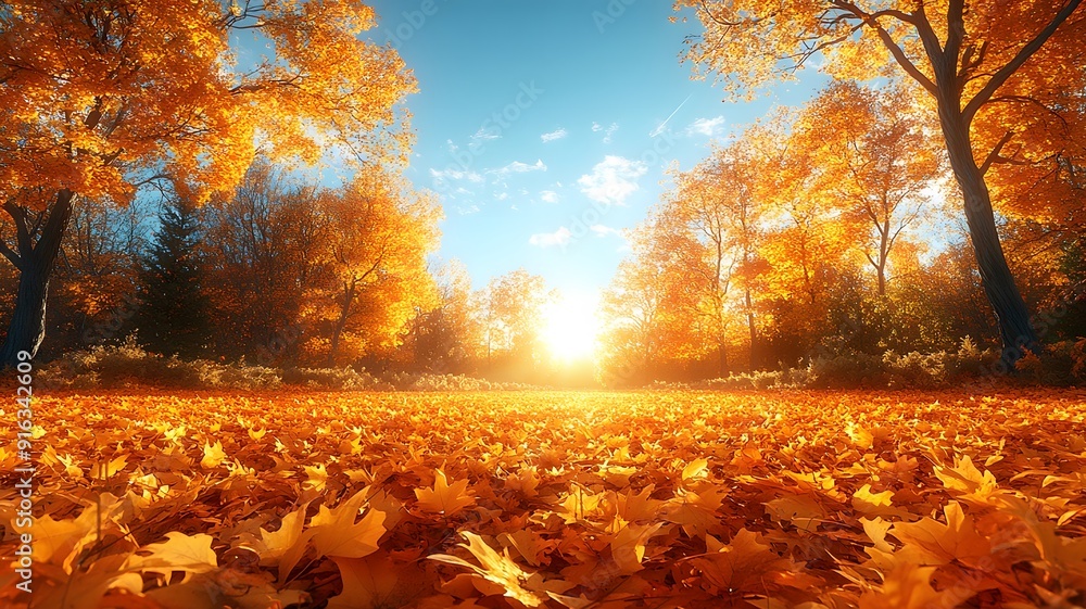 Fototapeta premium Happy Thanksgiving header showcasing a panoramic fall scene with golden leaves, sunlight, and a clear blue sky