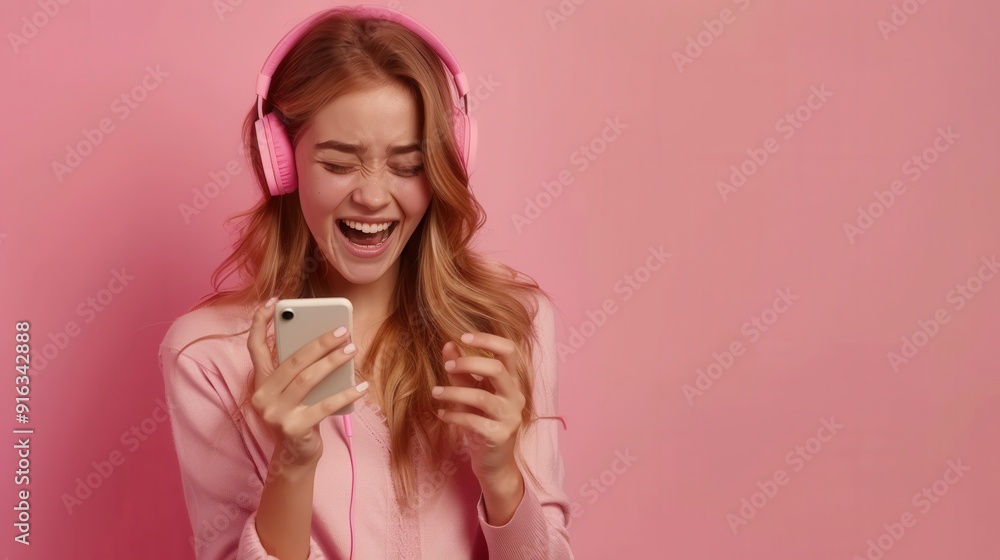 Young girl enjoying music from the mobile phone wearing pink sweaters and headphones against a pink background. Young girl enjoying music from the mobile phone wearing pink sweaters and headphones against a pink background.
