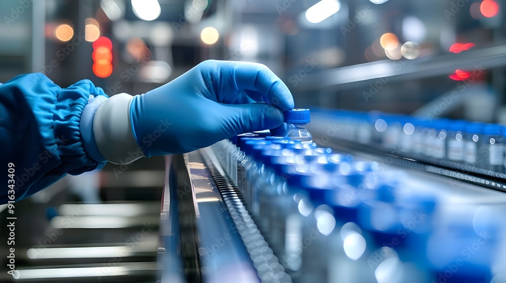 The hand is wearing blue sanitary gloves and is carefully inspecting a row of medical vials that are moving along a conveyor belt. The hand is wearing blue sanitary gloves and is carefully inspecting a row of medical vials that are moving along a conveyor belt.