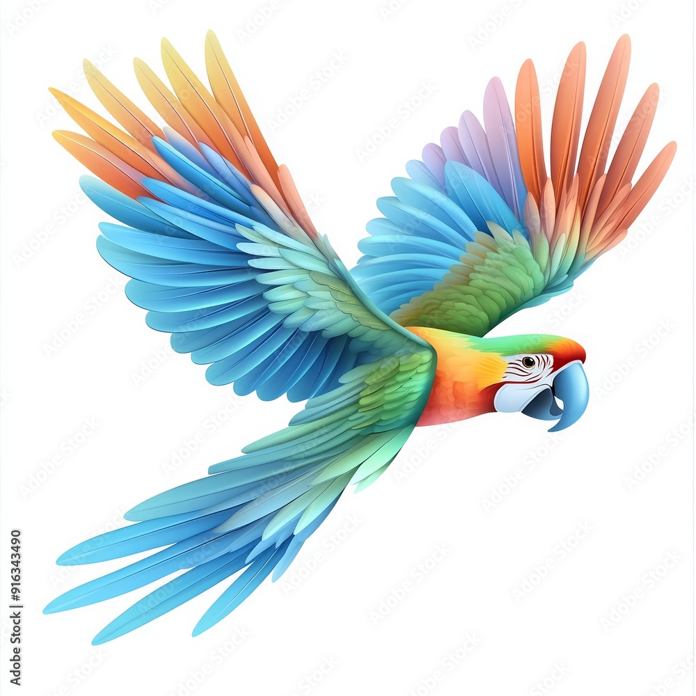 Obraz premium Colorful parrot with vibrant feathers in flight on white background showcasing its wingspan and natural beauty.