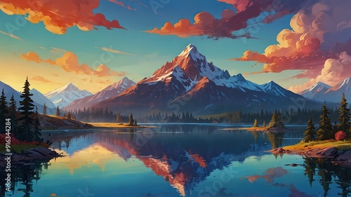  a painting of a mountain lake with a mountain in the_background generate ai