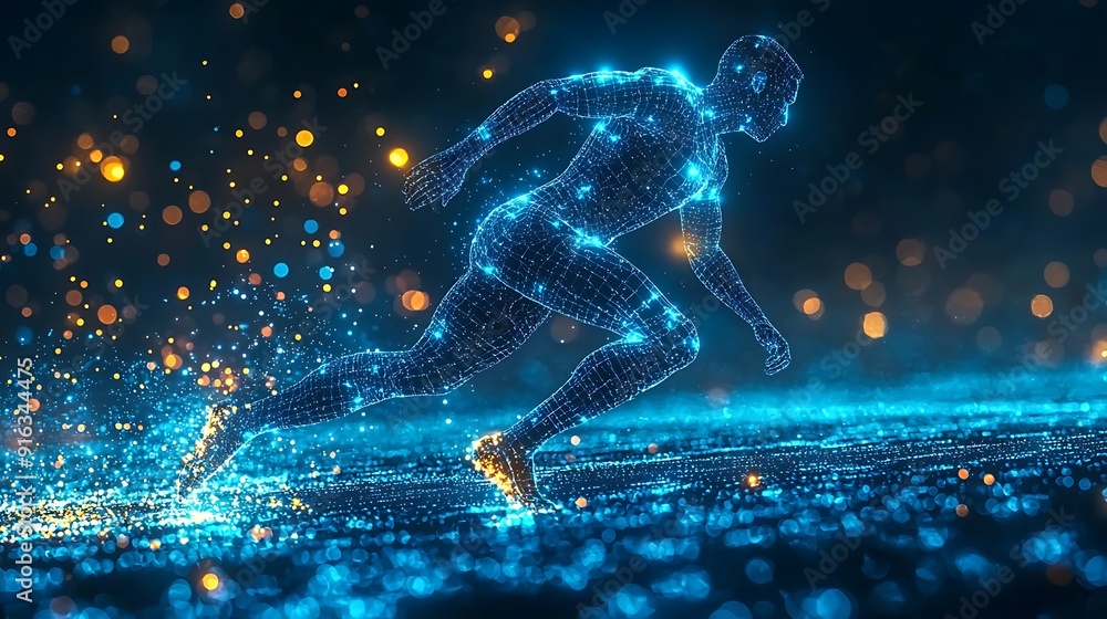 Blue digital soccer player with glowing data, artificial intelligence into athlete performance analysis and training, enhancing player skills, strategy, and overall team performance design Blue digital soccer player with glowing data, artificial intelligence into athlete performance analysis and training, enhancing player skills, strategy, and overall team performance design