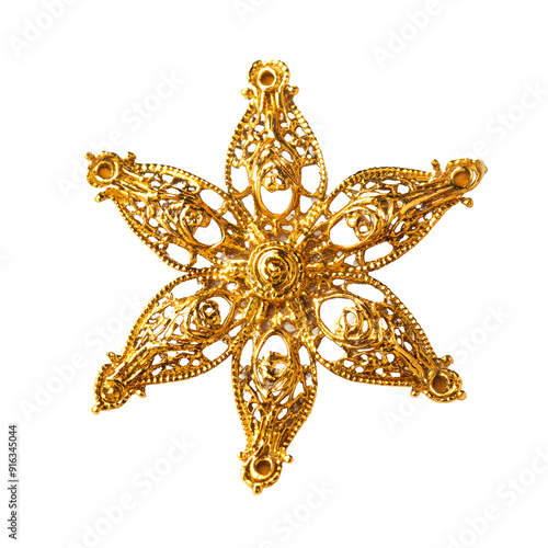 Single golden star-shaped earring with intricate design, cut out photo