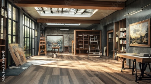 Wallpaper Mural Sunlight streams through the windows of a spacious, industrial-chic art studio with a wooden floor, an easel, and a painting on the wall. Torontodigital.ca