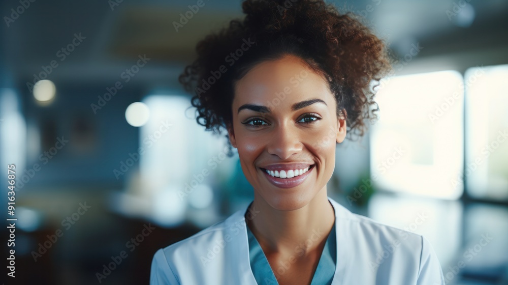 Photograph of a beautiful woman doctor with a warm smile looking into the camera,