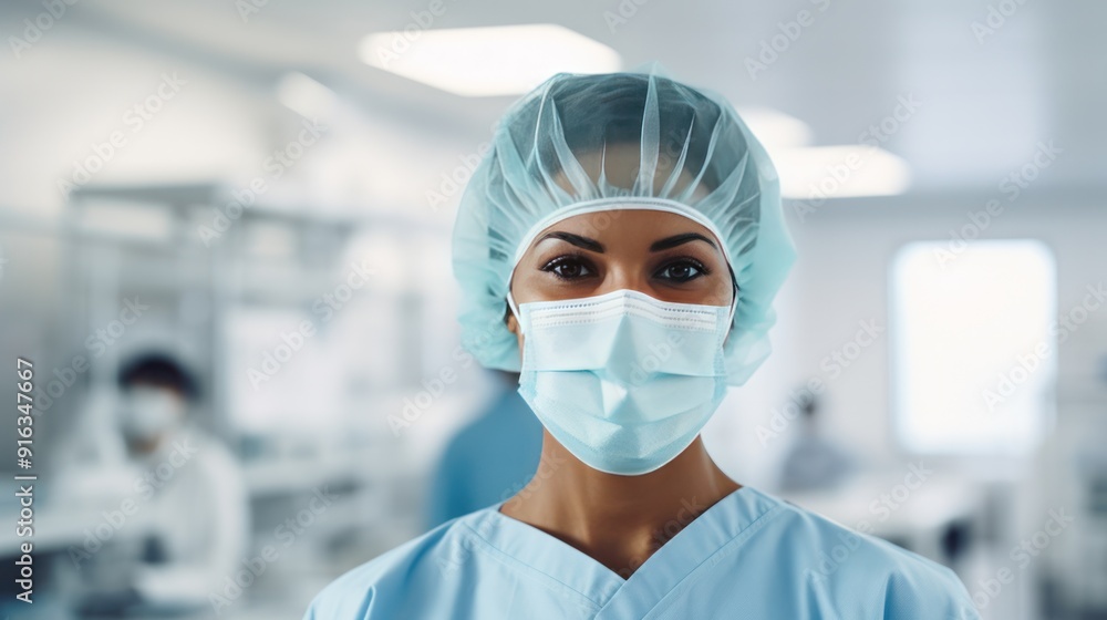 Photograph of a female doctor wearing a face mask, hat, and protective glasses, Photograph of a female doctor wearing a face mask, hat, and protective glasses,