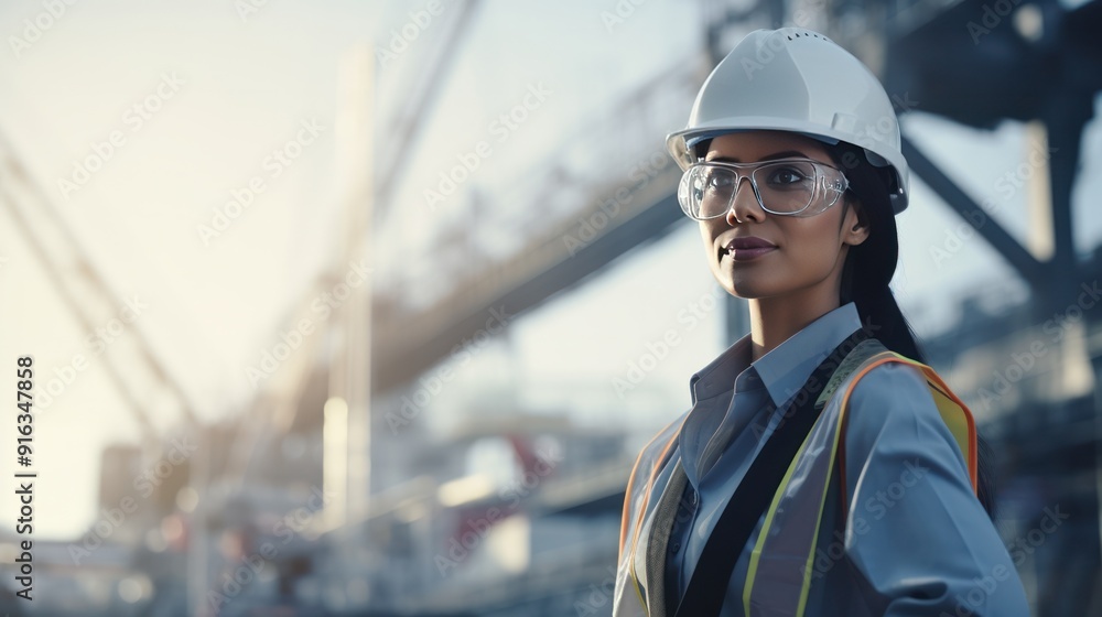 Photograph of a female engineer wearing a hard hat and safety glasses Photograph of a female engineer wearing a hard hat and safety glasses