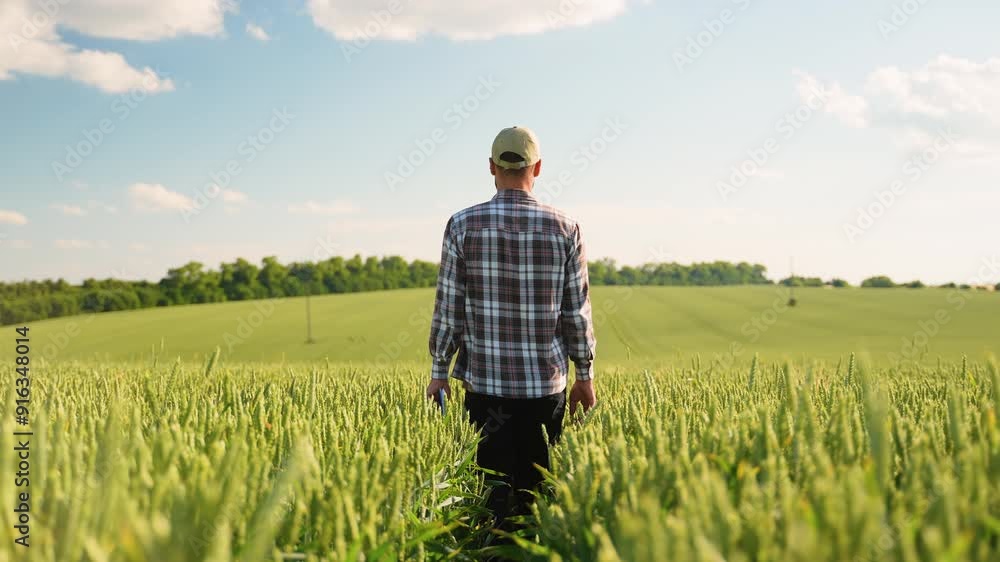 A farmer is walking through a wheat field A farmer is walking through a wheat field