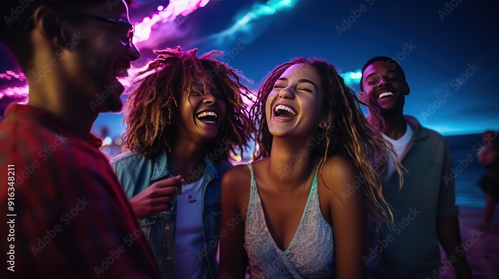 Photograph of a group of friends laughing and dancing at a beach party Photograph of a group of friends laughing and dancing at a beach party