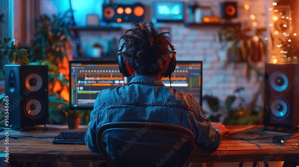 Podcaster focused on audio editing on a laptop, detailed professional software interface, sitting at a desk with studio monitors, headphones on, soundproofed studio, ambient lighting, Podcaster focused on audio editing on a laptop, detailed professional software interface, sitting at a desk with studio monitors, headphones on, soundproofed studio, ambient lighting,