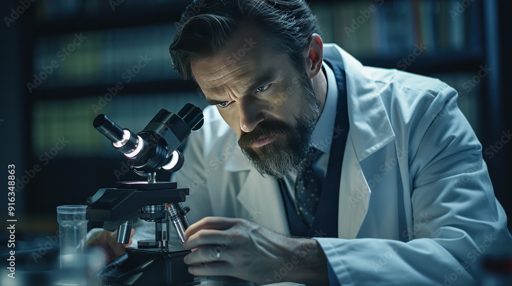 Photograph of a male doctor peering through a microscope, his brow furrowed in concentration Photograph of a male doctor peering through a microscope, his brow furrowed in concentration