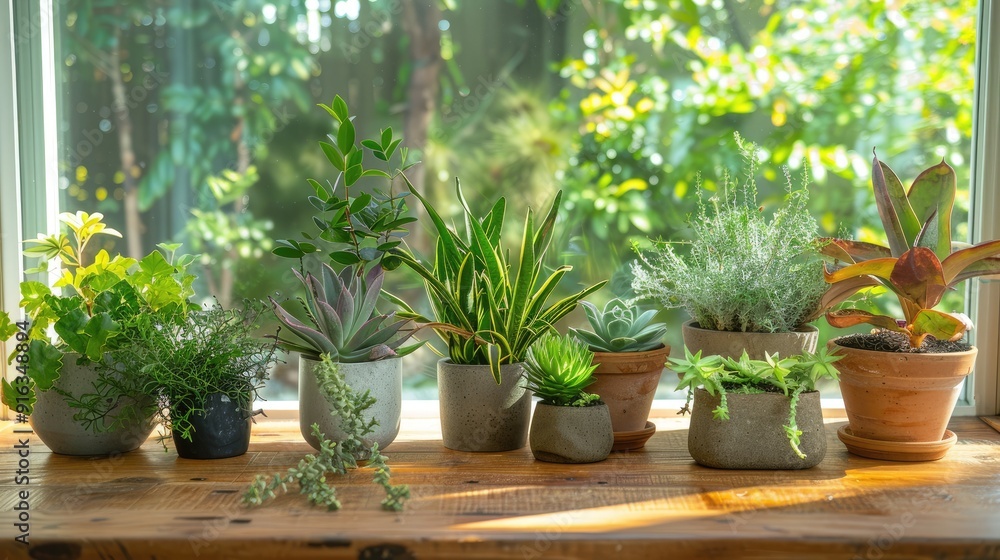 Assorted plants in diverse pots on wooden table. Urban jungle in modern home. Assorted plants in diverse pots on wooden table. Urban jungle in modern home.