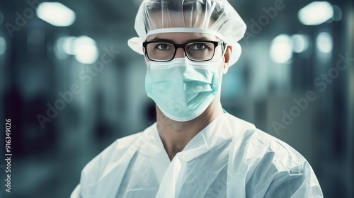 Photograph of a male doctor wearing a face mask, hat, and protective glasses