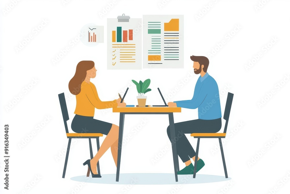 Comparing Pension Plans with Financial Advisor - Minimalist Flat Illustration Comparing Pension Plans with Financial Advisor - Minimalist Flat Illustration