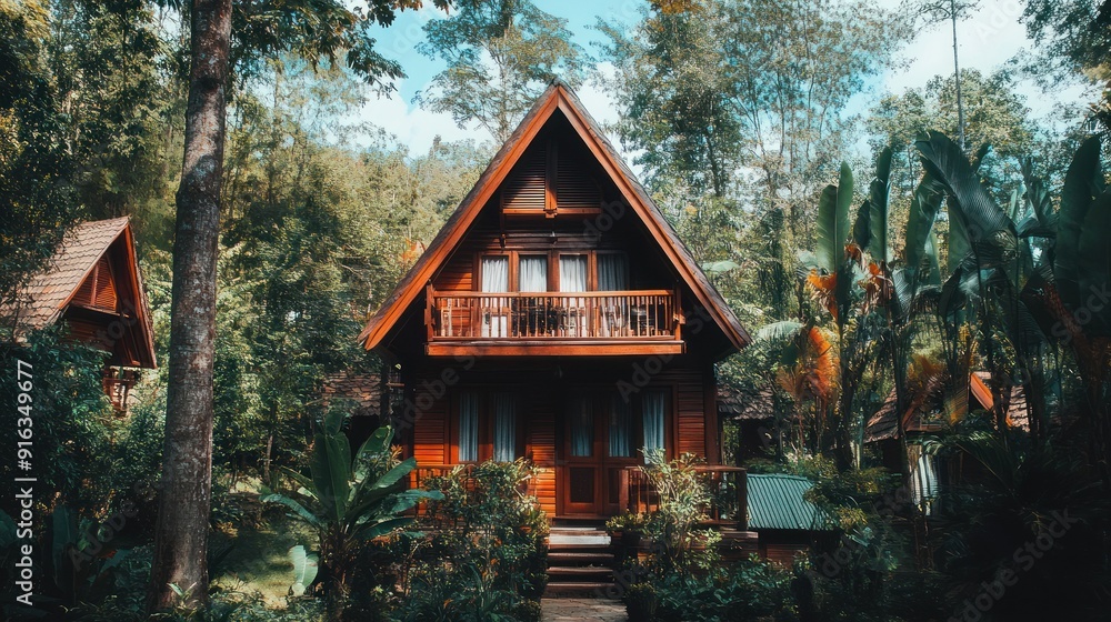 A wooden cabin with a balcony nestled in a lush green forest. A wooden cabin with a balcony nestled in a lush green forest.