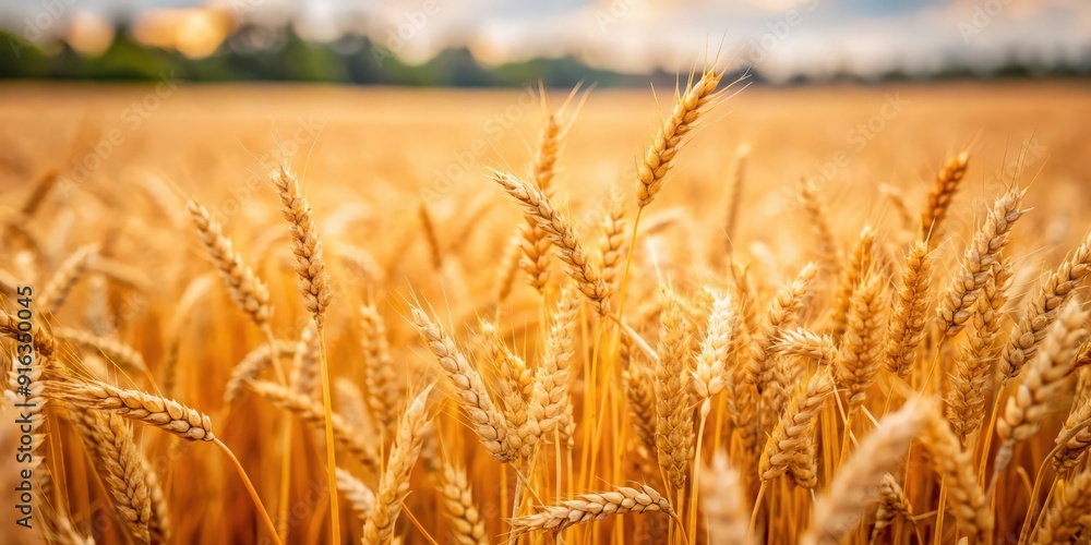 Fototapeta premium Mature wheat field with blurred background, wheat, field, agriculture, farm, rural, countryside, growth, harvest, summer, nature