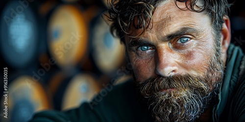 A close-up of an Irishman with a beard, with the background showing barrels for aging beer, creating a rustic and authentic scene that reflects the tradition and craftsmanship of brewing