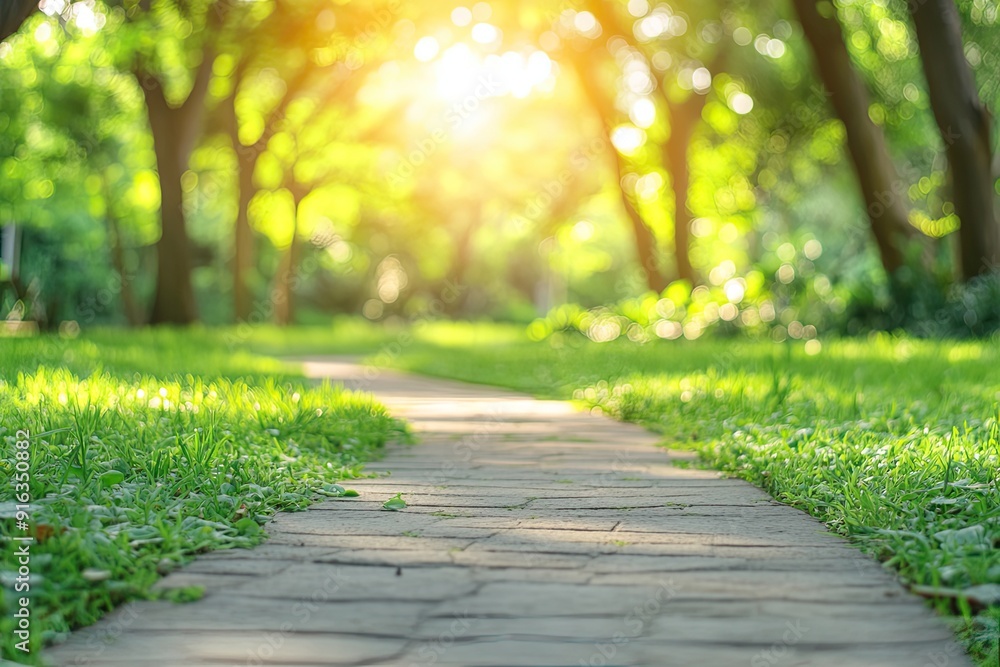 Outdoor park with walking paths blurred panoramic background Outdoor park with walking paths blurred panoramic background