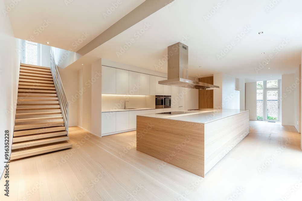 Modern Kitchen Interior Design with White Cabinets and Wooden Staircase Modern Kitchen Interior Design with White Cabinets and Wooden Staircase