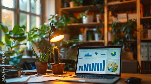 Wallpaper Mural Podcaster reviewing podcast analytics on a laptop screen, sitting at a desk with detailed charts and graphs visible, cozy home office background with plants and books, warm lighting, Torontodigital.ca