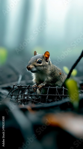 A closeup of an animal caught in a trap set in a deforested area photo