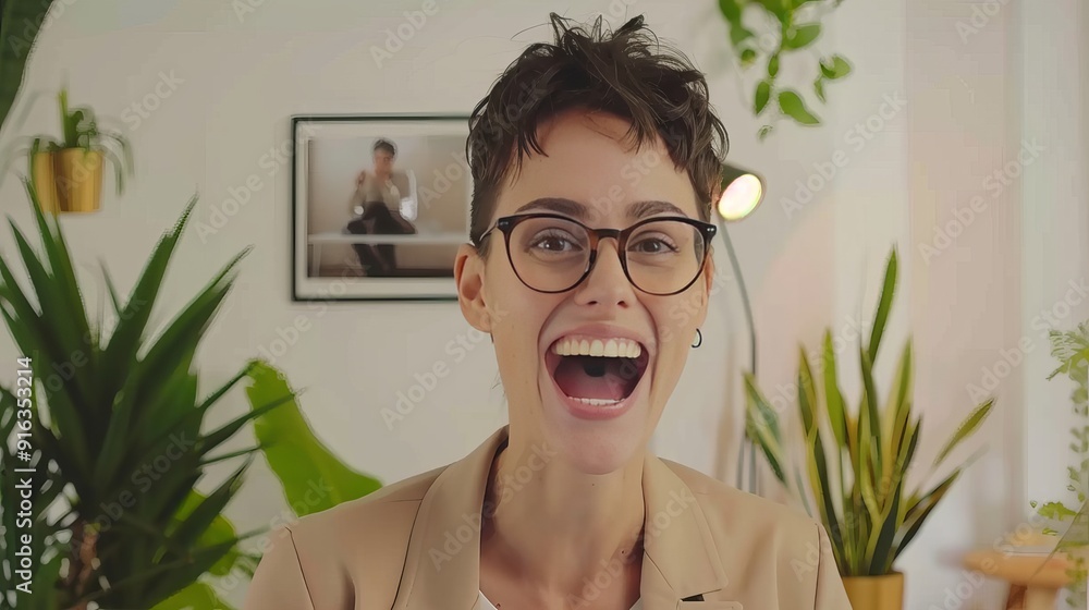 Smiling Woman Engaged in a Video Call via Laptop Computer in Her Cozy Home Office, Representing Remote Work and Digital Communication